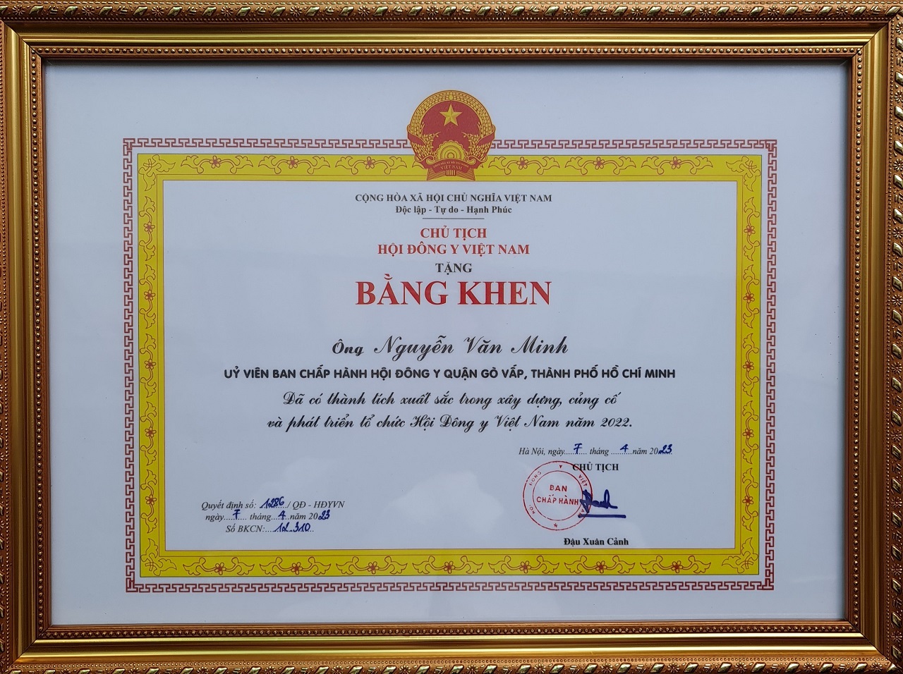 Bằng khen Lương y Nguyễn Văn Minh